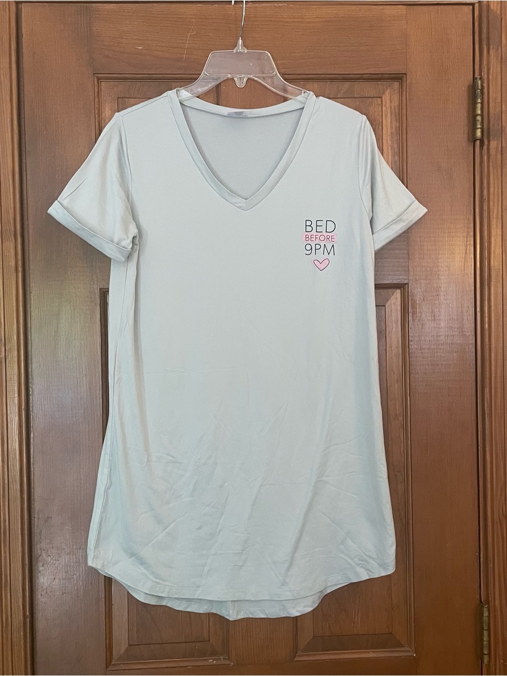Hello Mello Women’s Light Gray V-Neck Sleep Shirt, Bed Before 9PM Text, Size S/M
